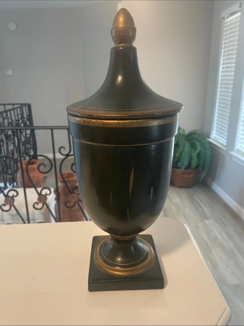 Vintage Hunter Themed Dark Green & Gold Lidded Urn - Home Accent - Picture 3 of 10
